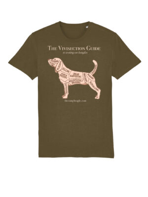 Khaki unisex style tshirt with a large torso print of a beagle with the text Guide To Vivisection.