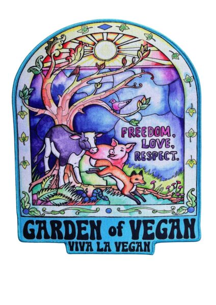 XL patch with Garden Of Vegan design, Full colour Printed fabric with tonal embroidered edge,