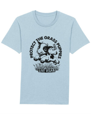 Flat lay unisex tshirt with crew neck, inset sleeves , torso print 'Grass Puppies - Eat Only Plants- Live Vegan - leaping cow print. Sky blue.