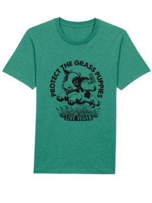 Flat lay unisex tshirt with crew neck, inset sleeves , torso print 'Grass Puppies - Eat Only Plants- Live Vegan - leaping cow print. Varsity Green