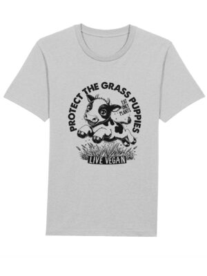 Flat lay unisex tshirt with crew neck, inset sleeves , torso print 'Grass Puppies - Eat Only Plants- Live Vegan - leaping cow print. Heather grey