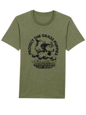 Flat lay unisex tshirt with crew neck, inset sleeves , torso print 'Grass Puppies - Eat Only Plants- Live Vegan - leaping cow print. Khaki