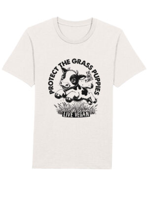 Flat lay unisex tshirt with crew neck, inset sleeves , torso print 'Grass Puppies - Eat Only Plants- Live Vegan - leaping cow print. White.
