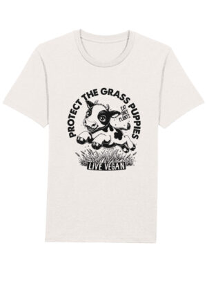 Flat lay unisex tshirt with crew neck, inset sleeves , torso print 'Grass Puppies - Eat Only Plants- Live Vegan - leaping cow print. White.