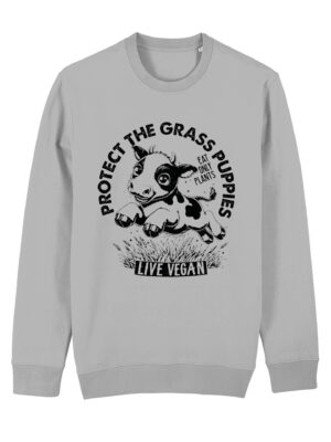 Flat lay unisex sweatshirt with crew neck, inset sleeves , torso print 'Grass Puppies - Eat Only Plants- Live Vegan - leaping cow print. Heather Grey colourway