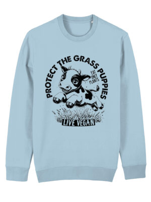 Flat lay unisex sweatshirt with crew neck, inset sleeves , torso print 'Grass Puppies - Eat Only Plants- Live Vegan - leaping cow print. Sky Blue