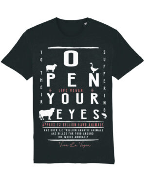 Flat lay of a classic style black tshirt with an extra large torso eyechart inspired print 'Open your eyes to their suffering'. white print.