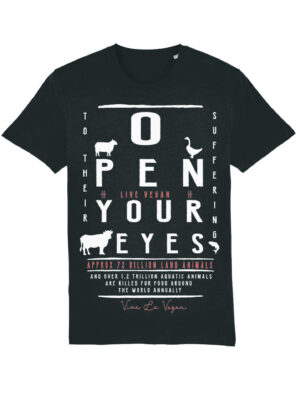 Flat lay of a classic style black tshirt with an extra large torso eyechart inspired print 'Open your eyes to their suffering'. white print.