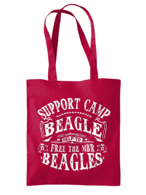 Camp beagle text design tote flatlay . red bad with white print.