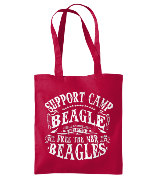 Camp beagle text design tote flatlay . red bad with white print.