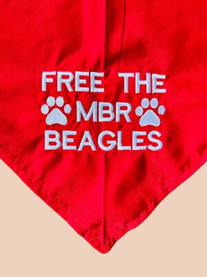 red Dog bandana with white embroidery 'free the MBR Beagles with two dog paw prints
