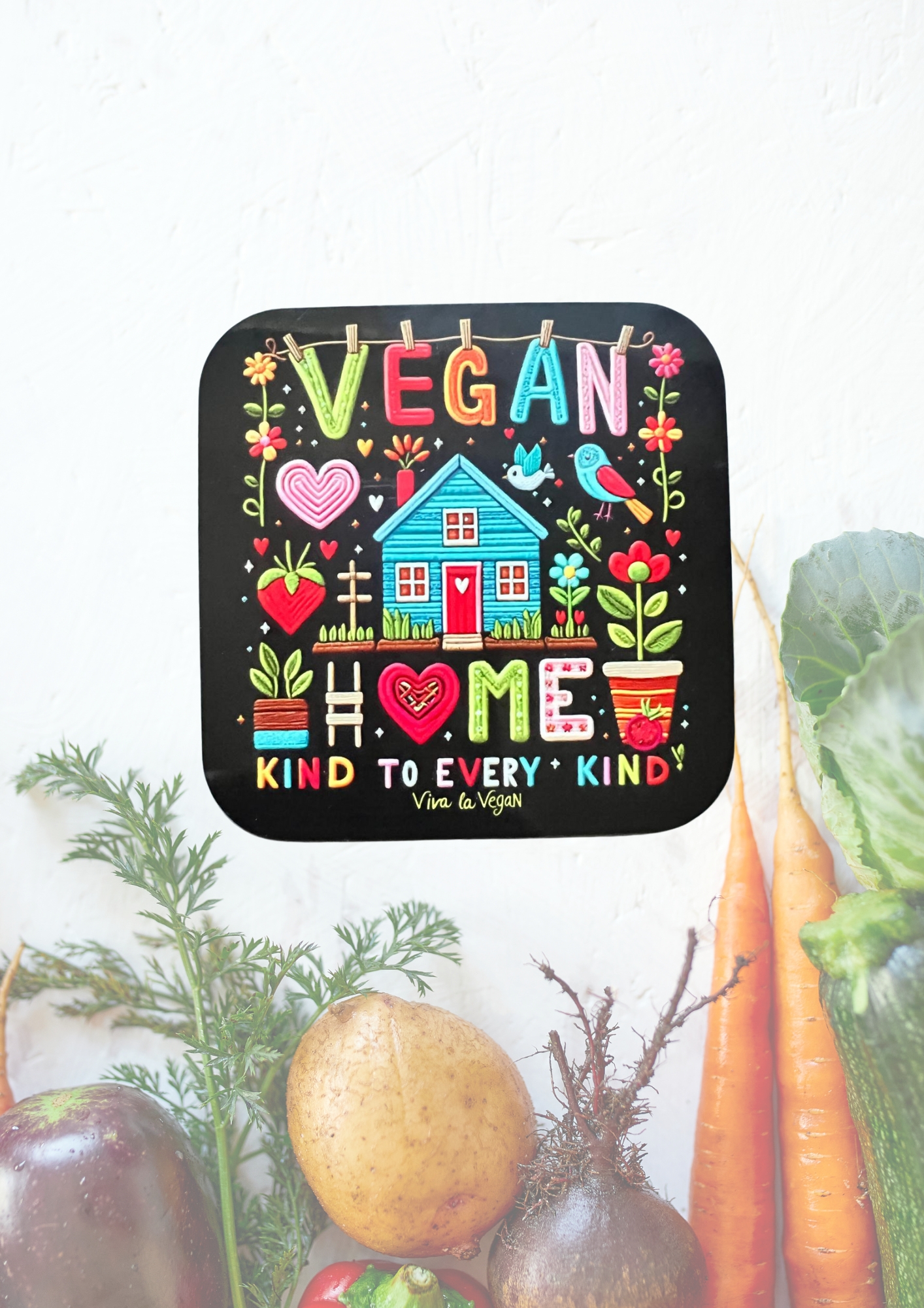 Vegan statement coaster with the wording Vegan Home a picture of a brightly coloured house in the style of embroidery. Black background with a colourful design