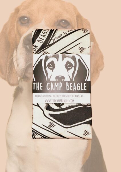camp beagle tea towel shown folded in a presentation sleeve