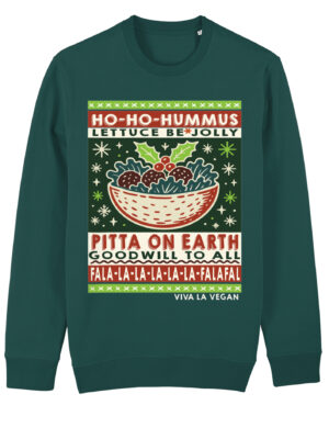 Person wearing a green organic cotton vegan Christmas jumper with humorous food-themed slogans like “HO-HO-HUMMUS” and “FALA-LA-LA-FALAFEL,” . glazed green colour