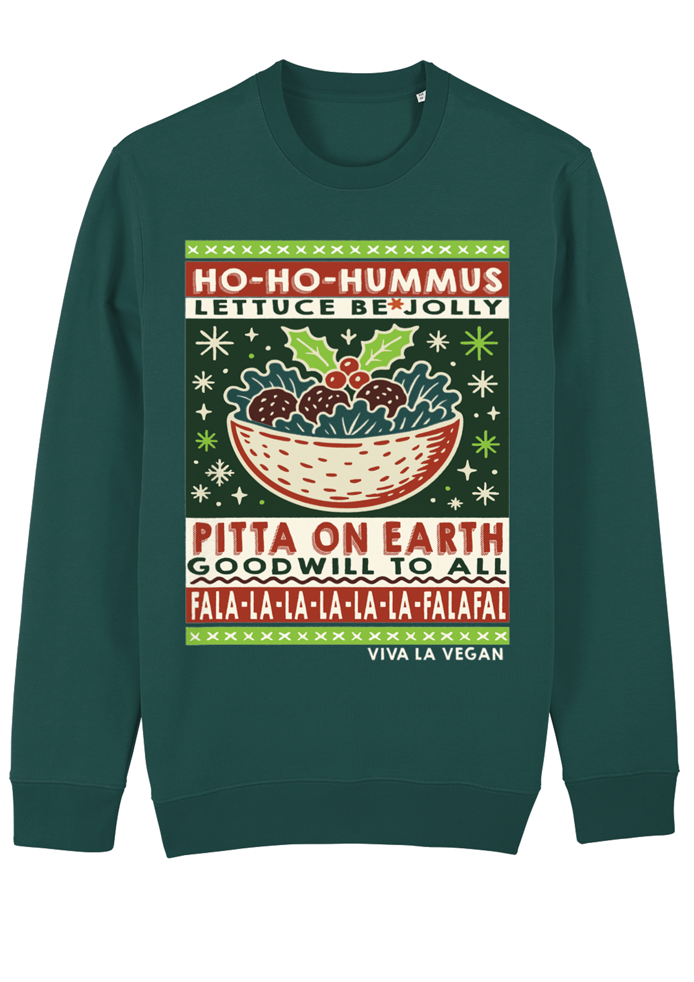 Person wearing a green organic cotton vegan Christmas jumper with humorous food-themed slogans like “HO-HO-HUMMUS” and “FALA-LA-LA-FALAFEL,” . glazed green colour