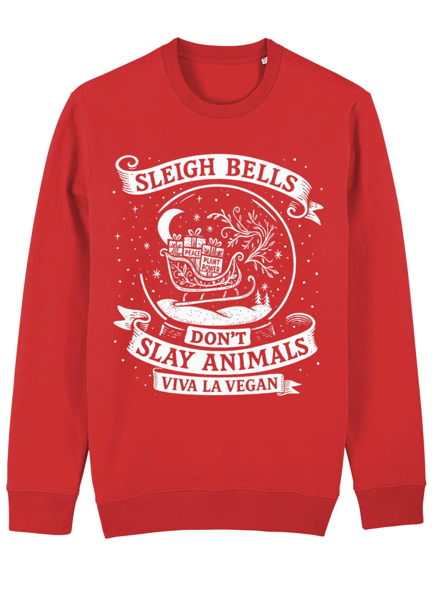 Red organic cotton vegan Christmas sweatshirt with white festive print showing a sleigh filled with boxes labeled “PEACE” and “PLANT POWER,” surrounded by stars, crescent moon, and the slogan “Sleigh Bells Don’t Slay Animals – Viva La Vegan.”